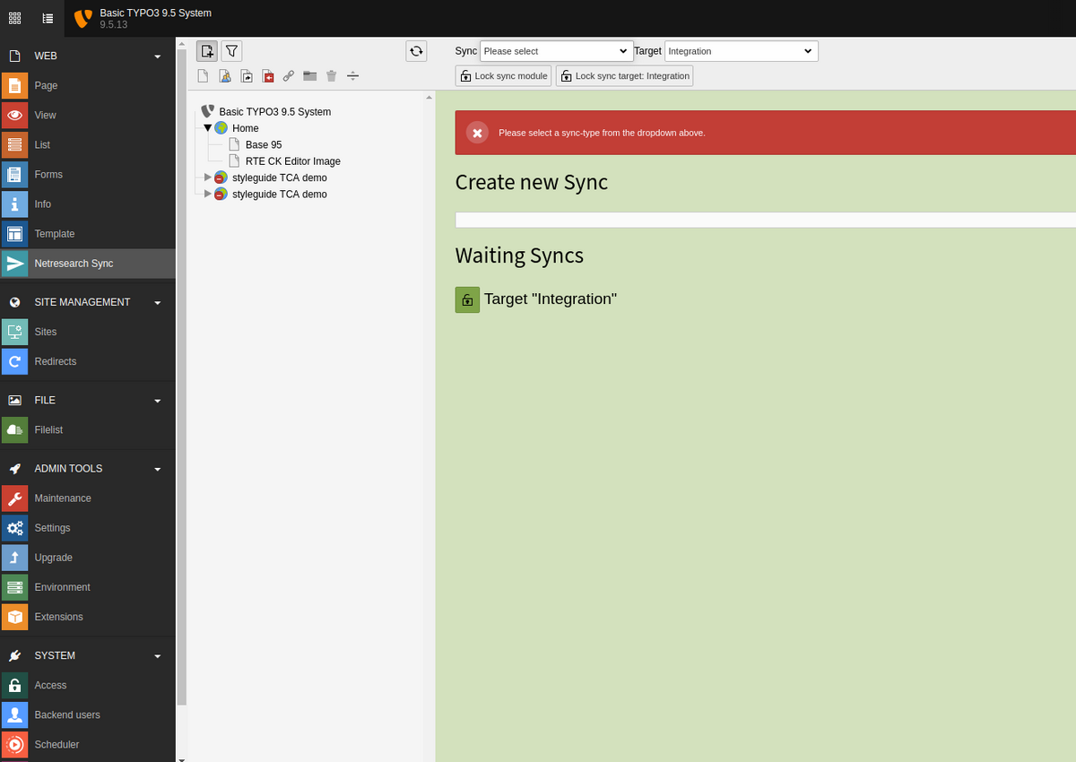 Screenshot der TYPO3 Extension nr_sync im Backend