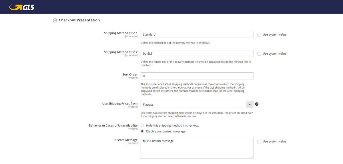 GLS Admin Panel checkout presentation