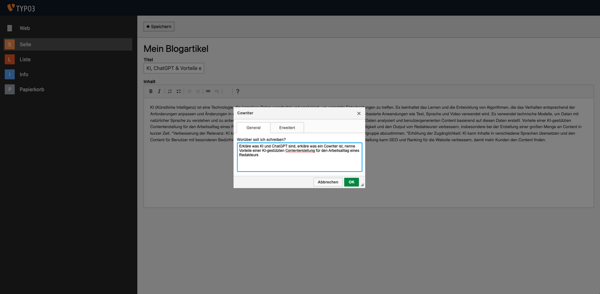 Eingabefeld: TYPO3 Cowriter-Extension