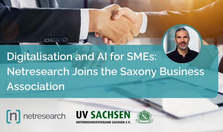 Netresearch blog article image: “Digitalisation and AI for SMEs – Netresearch joins the Saxony Business Association” – blurred background with two business hands in handshake (suits), featuring a photo of Thomas Fleck, CEO & VP of Sales at Netresearch.