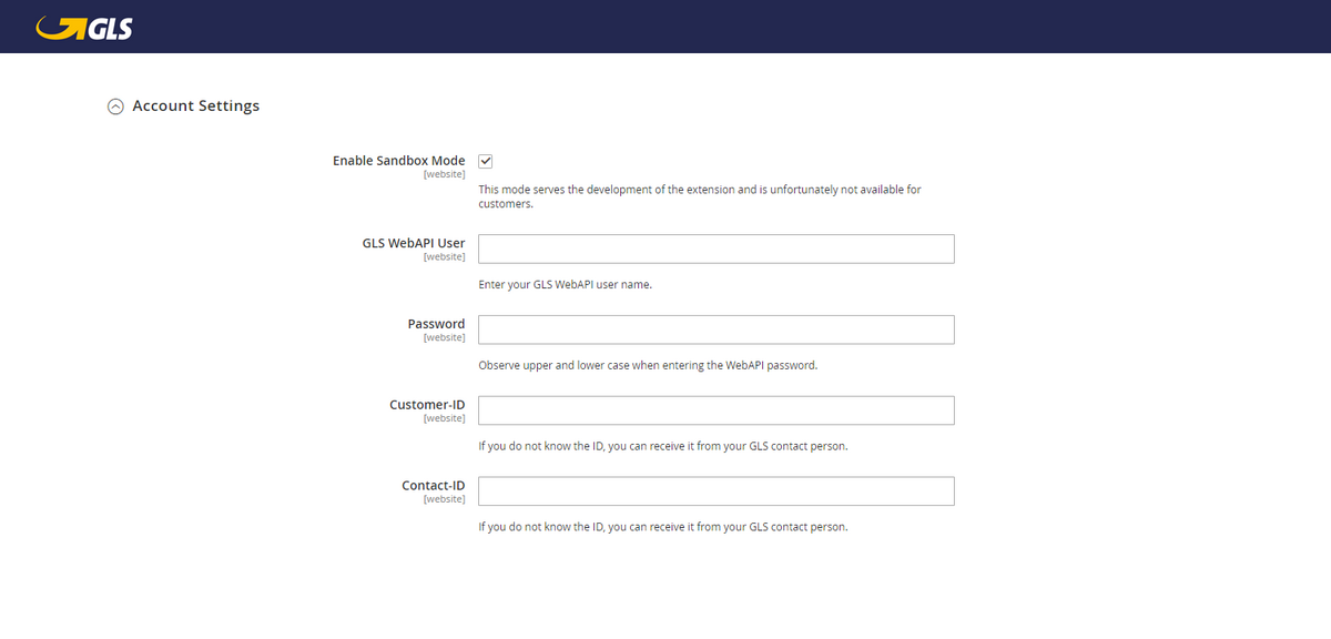 GLS Admin Panel Account Settings