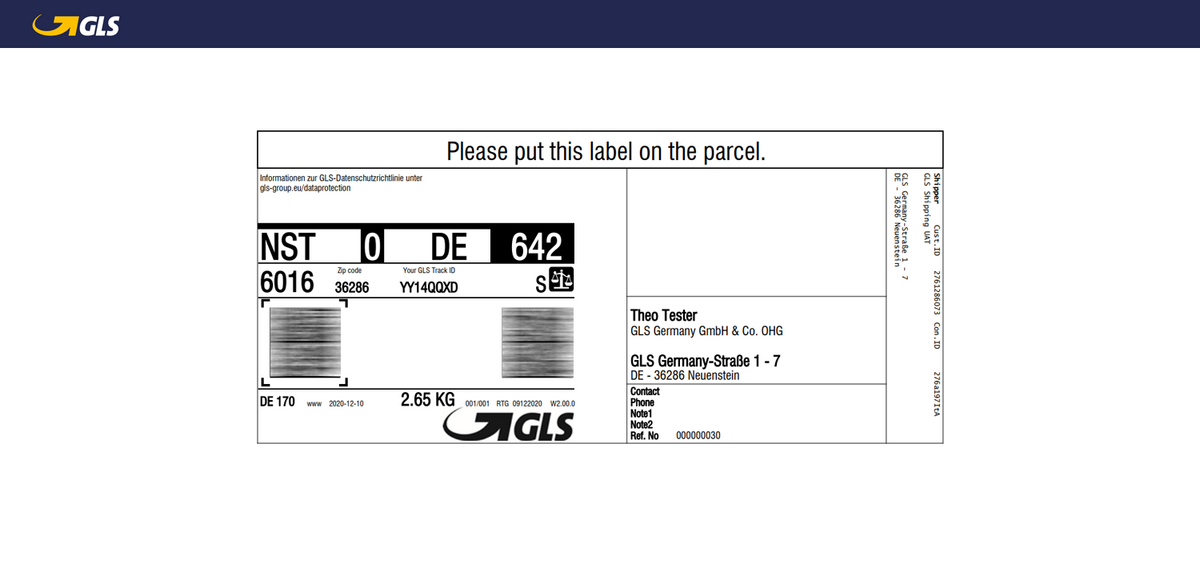 GLS Admin Panel shipping label