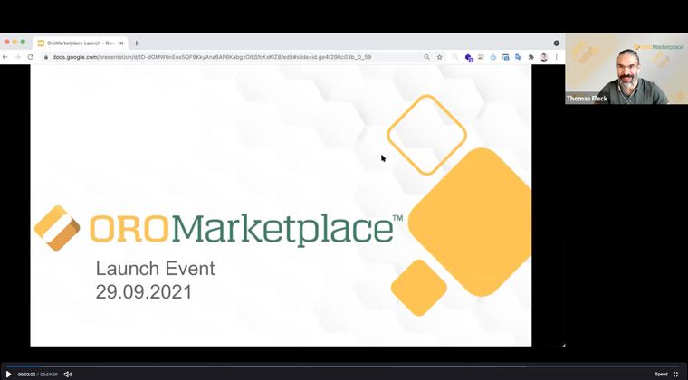 Screenshot zoom Meeting: OroMarketplace Launch - Speaker Thomas Fleck