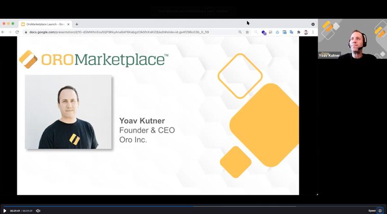 Screenshot zoom Meeting: OroMarketplace Launch - Speaker CEO Yoav Kutner