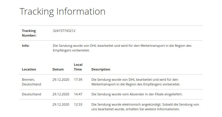 DHL Shipping & Magento, Advanced Features: Tracking history