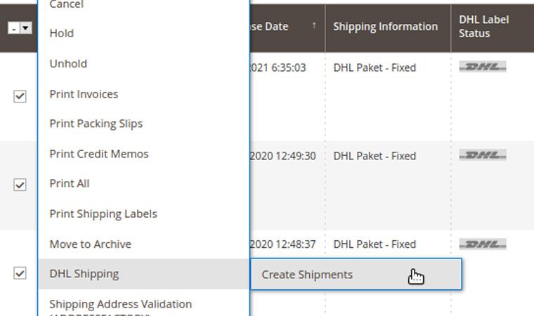 DHL Shipping for Magento 2: Mass Action