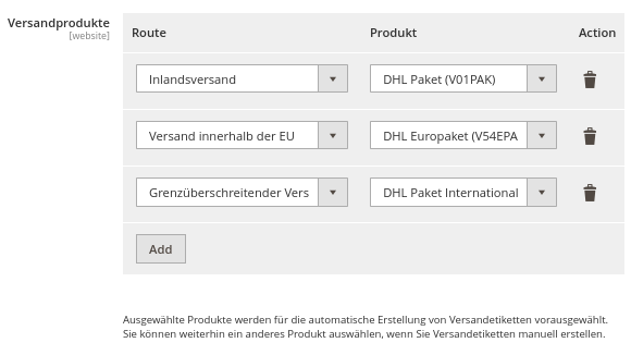 Deutsche Post DHL Shipping europaket default setting
