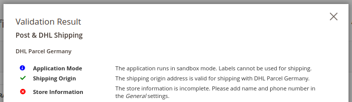 Magento 2 Extension Update, Deutsche Post & DHL Shipping: Validation Result
