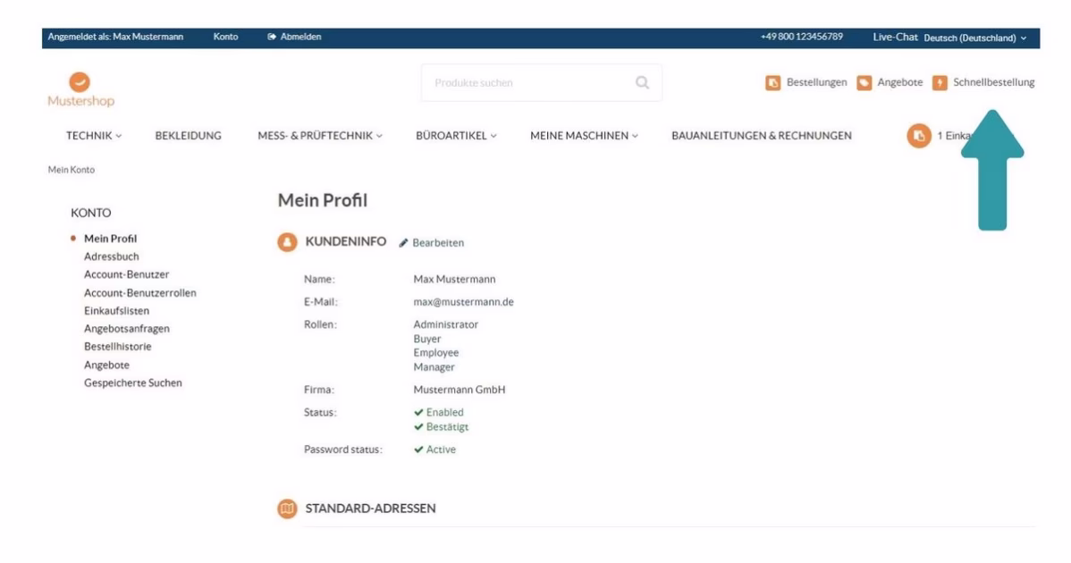 Digitalisierung im Vertrieb - Screenshot Kundenportal - Bereich Schnellbestellung