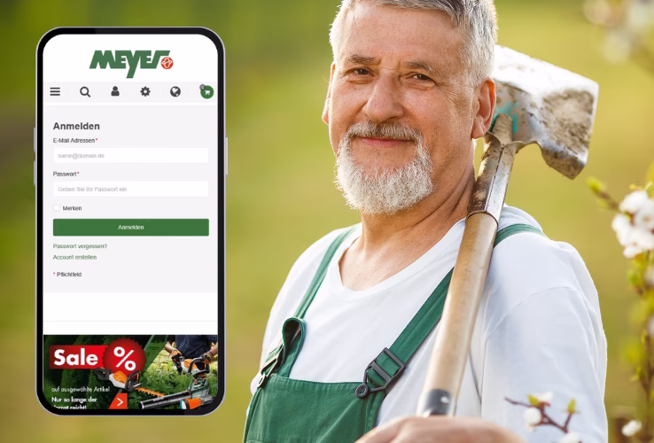 Case Study Hermann Meyer KG: Handyansicht des neuen Onlineshops und im Hintergrund zufriedener Gärtner mit Spaten über der Schulter