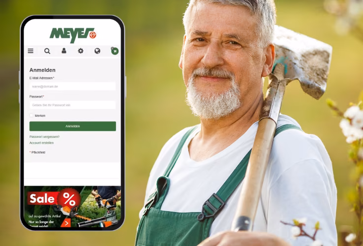 Case Study Hermann Meyer KG: Handyansicht des neuen Onlineshops und im Hintergrund zufriedener Gärtner mit Spaten über der Schulter