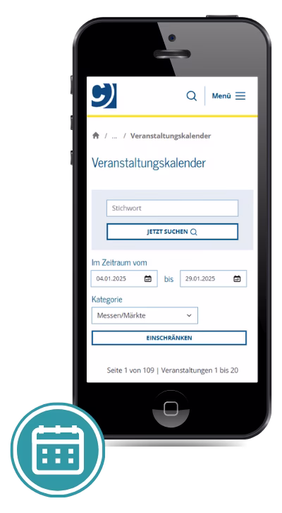 Handydisplay zeigt Suchfunktion des Veranstaltungskalenders der Webseite Chemnitz.de