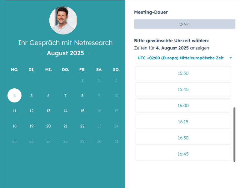 Terminbuchung Kalender - Jetzt Termin mit Netresearch buchen