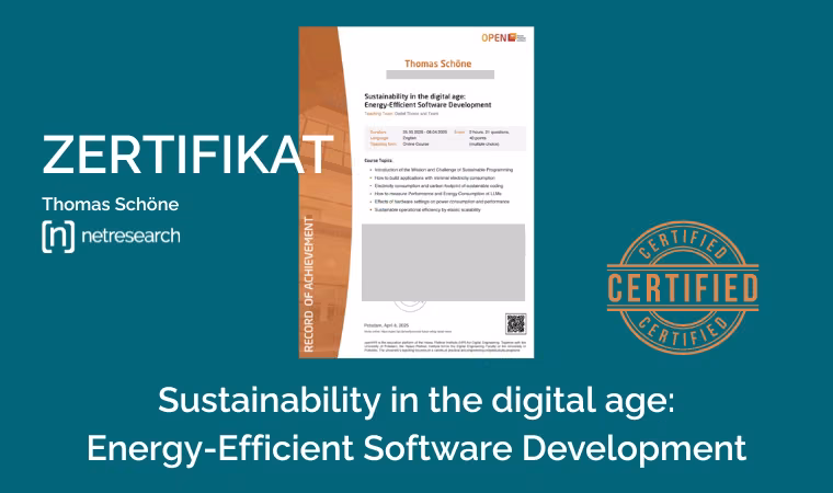 Zertifikat von Thomas Schöne, Netresearch im Bereich: Sustainability in the digital age: Energy-Efficient Software Development