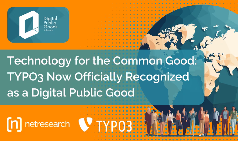Header image for the Netresearch blog article: Orange background with the text "Public Interest Technology: TYPO3 now officially recognized as a Digital Public Good." On the right side, a graphic depiction of a stylized globe surrounded by interconnected people – symbolizing global, public good–oriented digitalization.