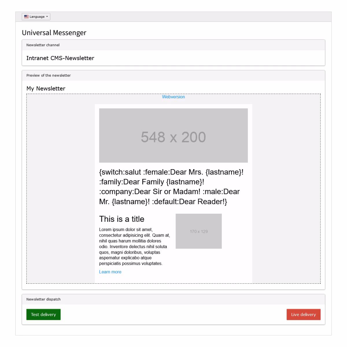 Newsletter-Erstellung mit dem Universal Messenger in TYPO3, geöffnete Eingabemaske im Backend
