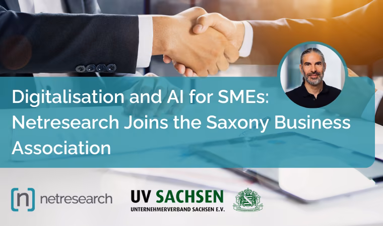 Netresearch blog article image: “Digitalisation and AI for SMEs – Netresearch joins the Saxony Business Association” – blurred background with two business hands in handshake (suits), featuring a photo of Thomas Fleck, CEO & VP of Sales at Netresearch.